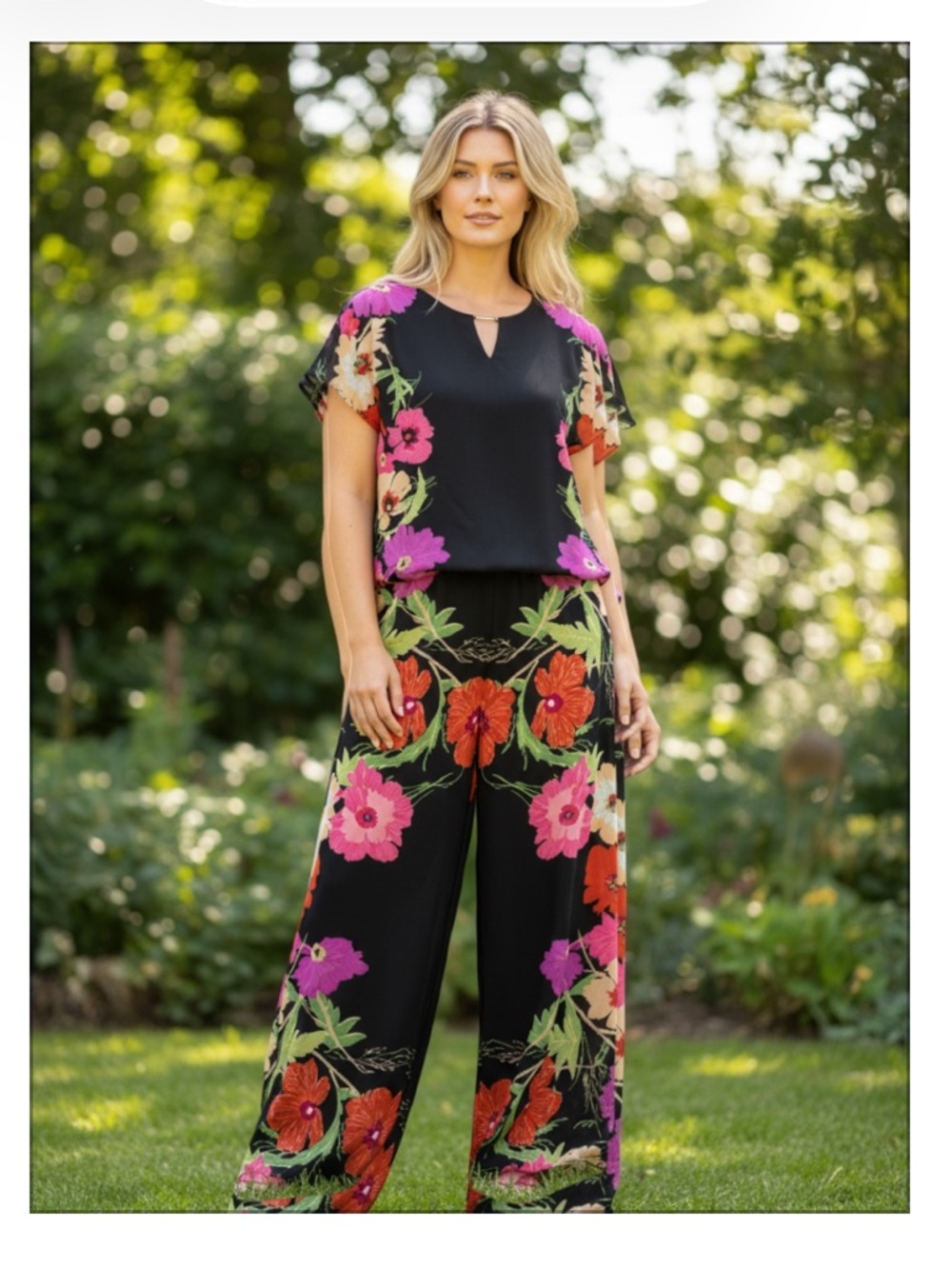 Joseph Ribkoff Black Wide-Leg Jumpsuit with Pink & Red Floral Print